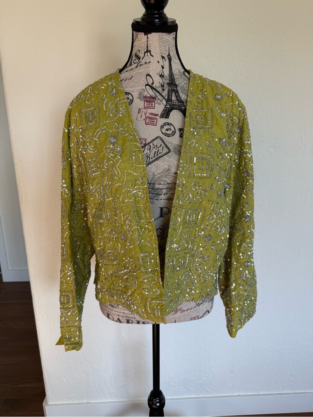 Chico's Silk Green Beaded Open Front Jacket